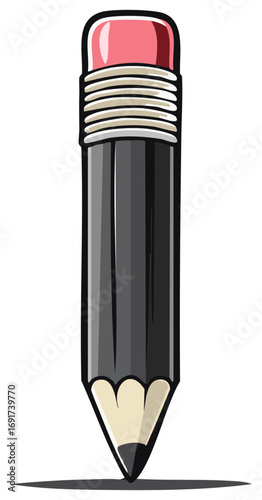Illustration of black graphite pencil with pink eraser and rings, school writing instrument for art sketching