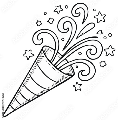 Hand drawn party popper exploding with confetti and stars doodle illustration