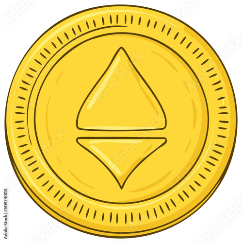 Cartoon golden digital currency coin with abstract geometric symbol representing online finance and investment
