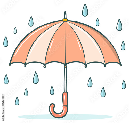 A cartoon umbrella protecting from falling raindrops with a curved handle.