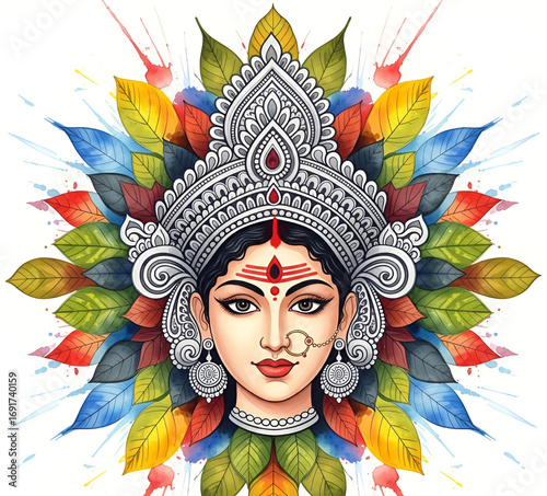 Goddess Durga is artistically depicted with splashes of colorful watercolor.