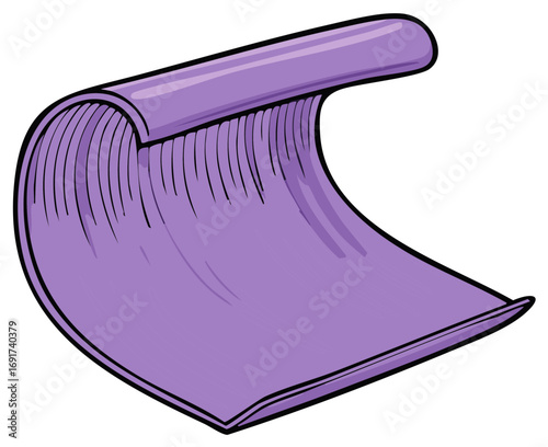Purple fitness mat partially rolled up cartoon vector illustration for yoga or pilates