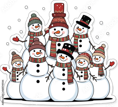 Group of Cute Snowmen Wearing Hats and Scarves in a Winter Scene snowman christmas
