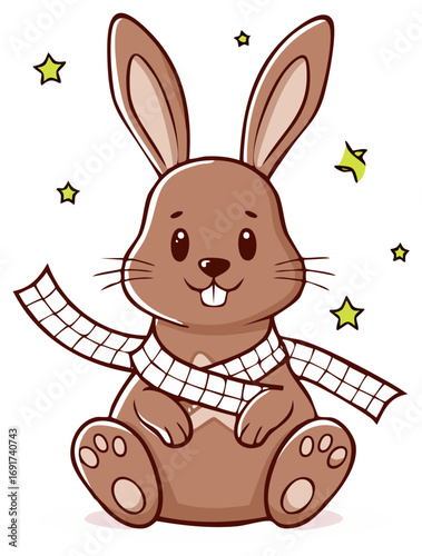 Cute cartoon brown bunny character with scarf and stars, sitting and smiling happily