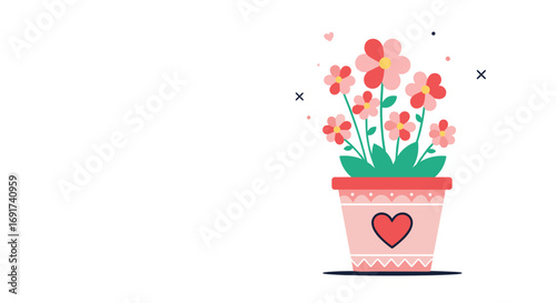 Sweet floral arrangement blossoming in a charming pot, perfect for spring greetings and heartfelt designs