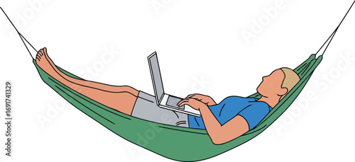 Man relaxing in a hammock with a laptop on a white background leisure
