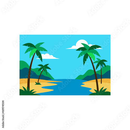 Vibrant tropical island paradise with palm trees lining a sandy beach and calm blue ocean under a clear sky with fluffy white clouds and a bright sun