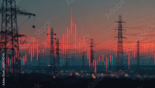 Power lines and market data at dusk