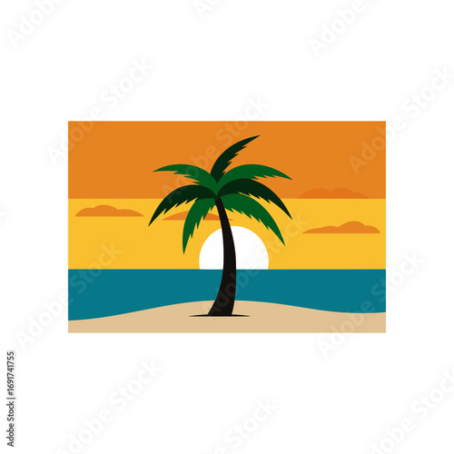 Vibrant tropical sunset scene featuring a solitary palm tree on a sandy beach with calm ocean waves and a warm orange sky