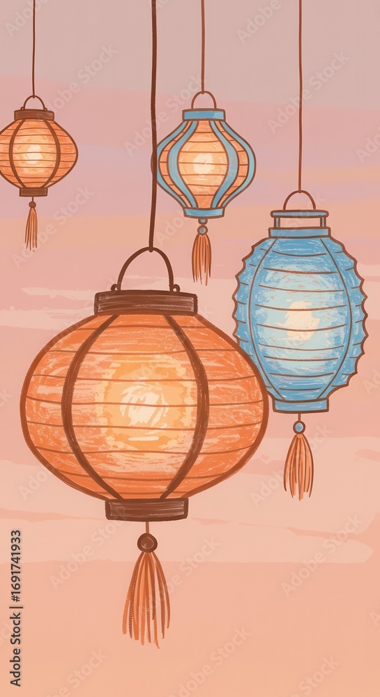 Obraz premium Colorful paper lanterns hang in the soft, dusky light of a serene evening sky.