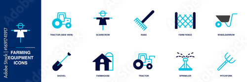 Farming Equipment Blue Colored Outline Icon Set