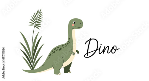 Adorable dinosaur artwork for kids room decor with cute cartoon dino and playful foliage illustration art