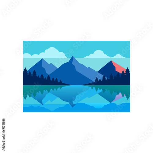 Serene mountain landscape with a calm lake reflecting the peaks and trees under a cloudy sky