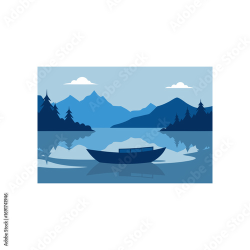 Serene blue landscape featuring a solitary boat on a tranquil lake with distant mountains and evergreen trees reflected in the calm water under a cloudy sky