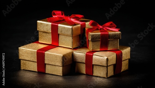Stack of gold gift boxes with red ribbons