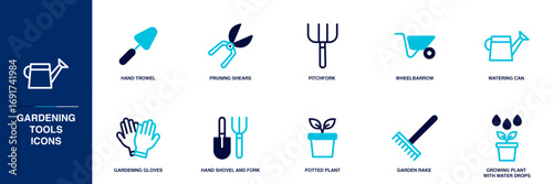 Gardening Tools Blue Colored Outline Icon Set