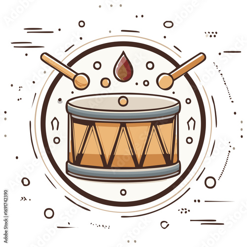 Hand Drawn Snare Drum with Drumsticks and Decorative Elements for Music Festival