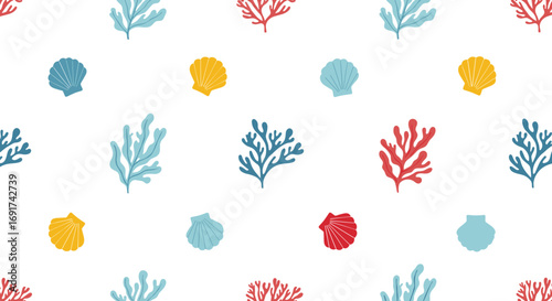 Whimsical under the sea pattern featuring coral, sea shells, and seaweed in vibrant colors on white