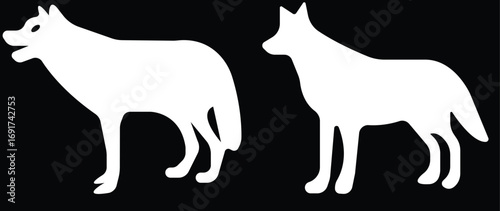 Art & IllustrationWolf icon set.Wolf silhouette icon set. Howling predator sign. Wild canine animal symbol. Vector illustration.A sleek of wolf standing, captured against a clean.Wolf standing, in bla