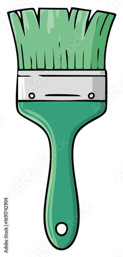 Green paintbrush tool with metal ferrule and bristles for painting projects and crafts