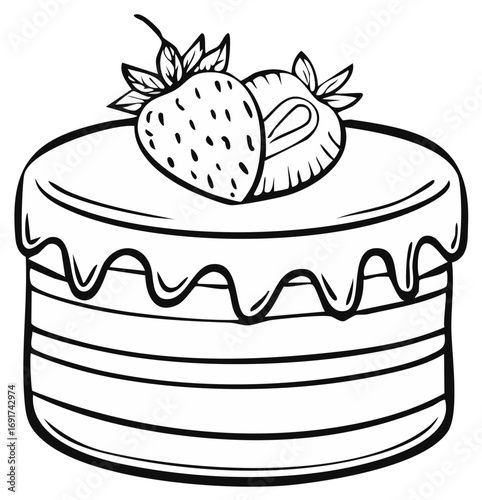 Cake with Strawberries Outlined on Top Dessert Food Vector Illustration