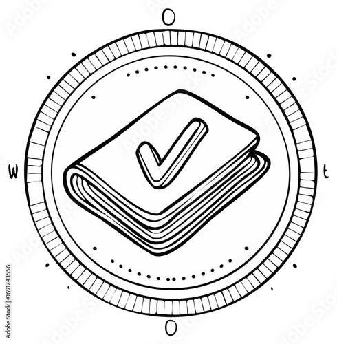 Book with Check Mark Inside Circular Border with Compass Points Education Vector Illustration
