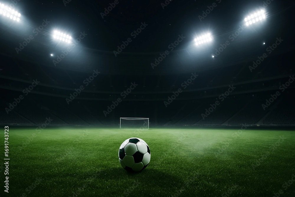Fototapeta premium Soccer ball on a field at night under stadium floodlights
