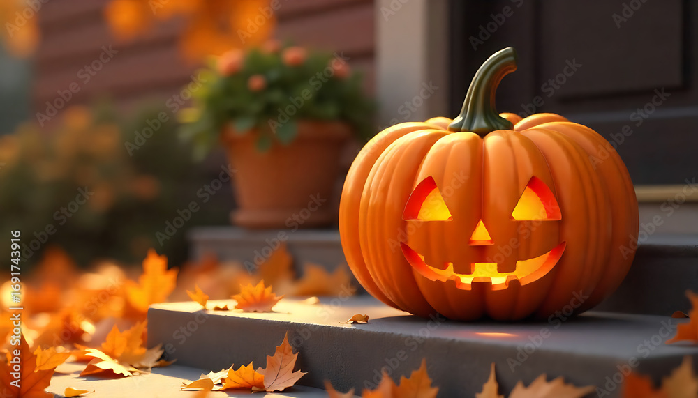 Obraz premium A small pumpkin on a porch with orange leaves, soft sunset lighting, 4K and HD image