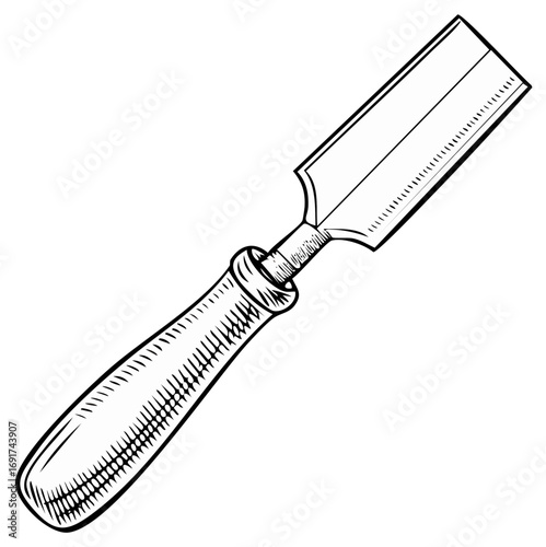 Vintage wood chisel tool in a black and white hand drawn engraving style for woodworking and carpentry