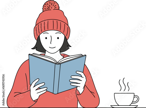 Woman in a winter hat reading a book with a cup of hot coffee girl open book