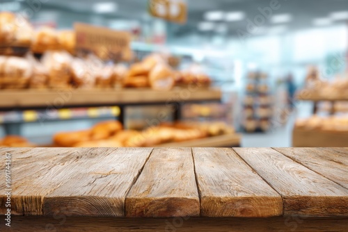 Wooden table top in a blurred supermarket background