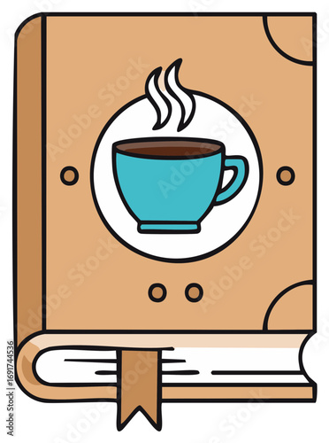 Coffee Cup Symbol on Brown Book Cover with Bookmark, Simple and Stylized Illustration