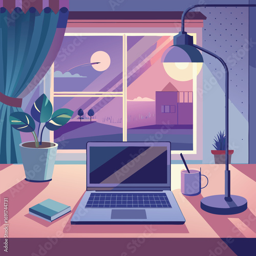 Laptop on a desk with a plant and mug at dusk with pastel sunset view book