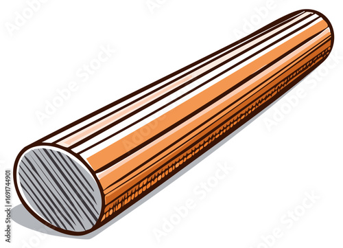 A shiny copper rod with a cut cross-section, vector illustration of a metal bar for industry or construction.