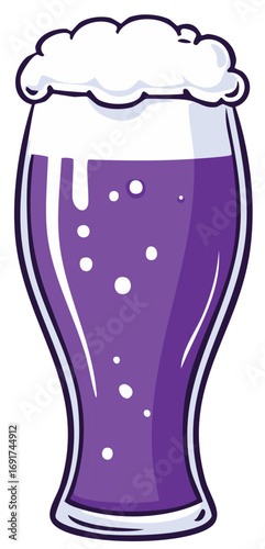 Glass of frothy purple beverage with bubbles