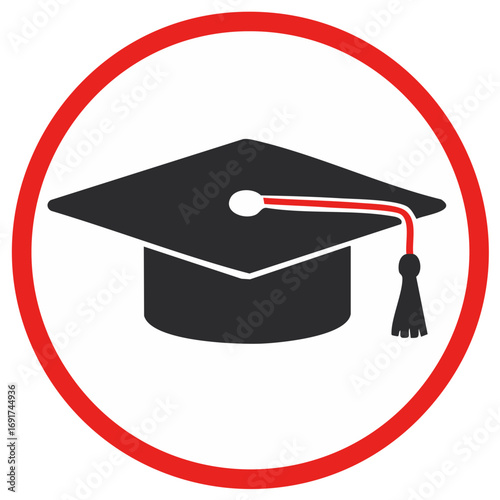 Academic mortarboard icon with red tassel celebrating college graduation and learning journey