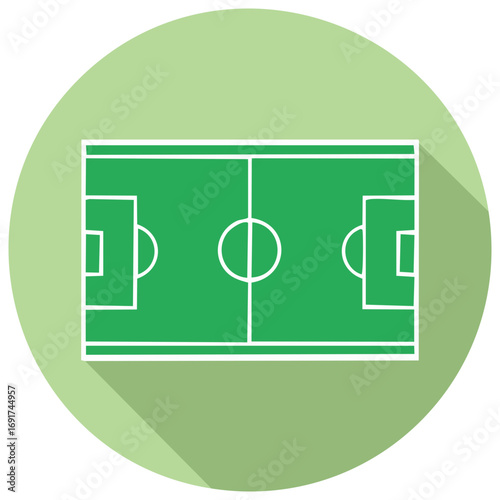 Green soccer field aerial view flat design vector icon with long shadow