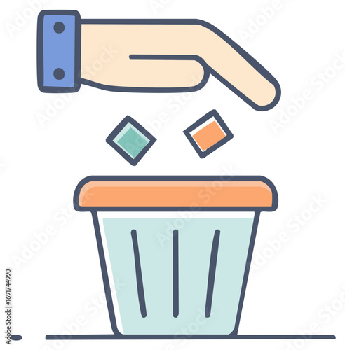 Hand dropping items into a trash can vector icon. Disposal, deletion, clean up, and waste management concept illustration.