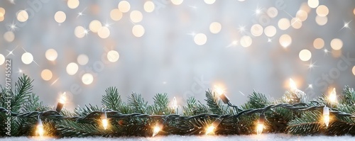 A festive scene featuring pine branches adorned with twinkling lights against a soft, blurred background of golden bokeh.