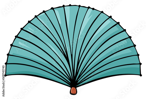 Turquoise Hand Fan with Black Outline Isolated on White
