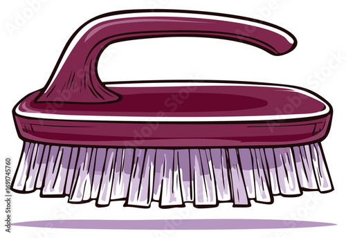 Close up of a dark purple cleaning brush with white bristles against a white background