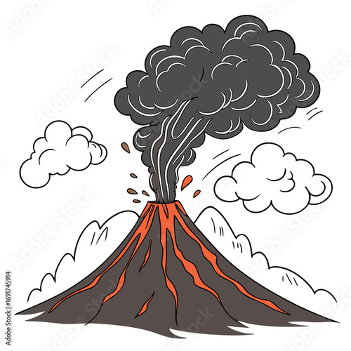 Cartoon volcano erupting with dark smoke and lava on white background Keywords: volcano, eruption