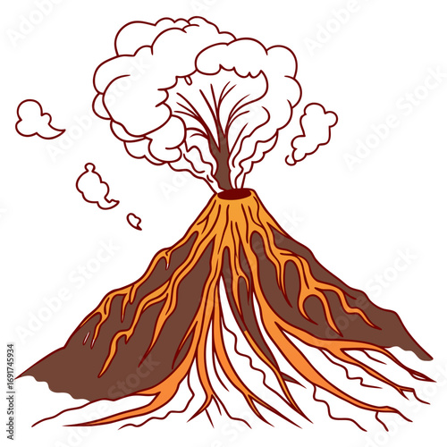 Cartoon volcano erupting with lava and smoke on white background Keywords: volcano, eruption, lava