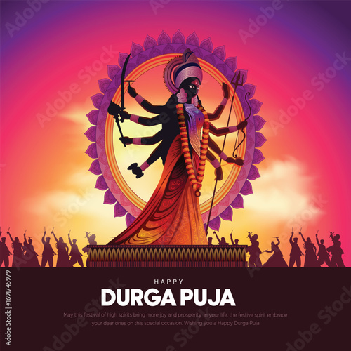 indian God durga in Happy Durga Puja Subh Navratri background. vector illustration