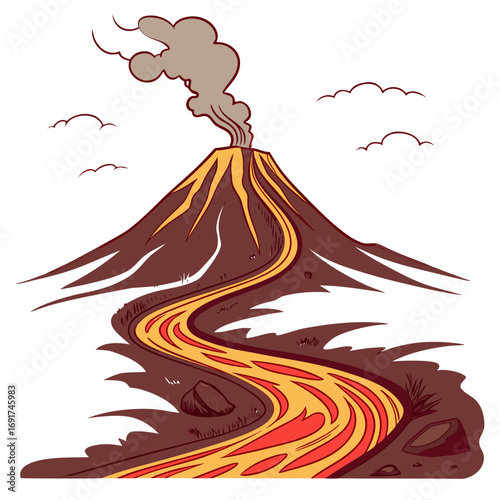 Cartoon volcano erupting with flowing lava and smoke on white background Keywords: volcano, eruption