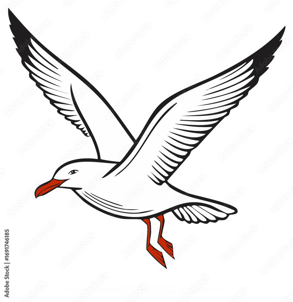 Obraz premium Stylized vector illustration of a seagull in flight with outstretched wings and visible legs