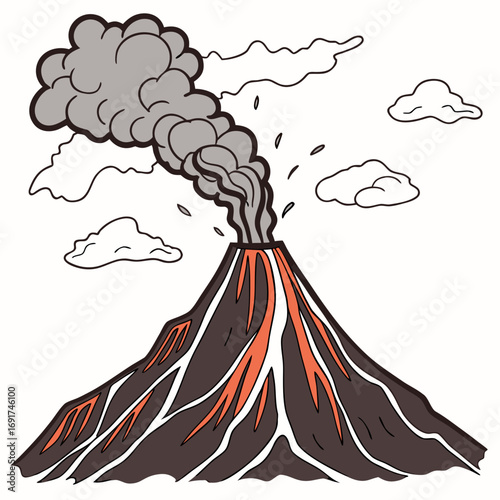Cartoon volcano erupting with smoke and lava spewing on white background Keywords: volcano, eruption