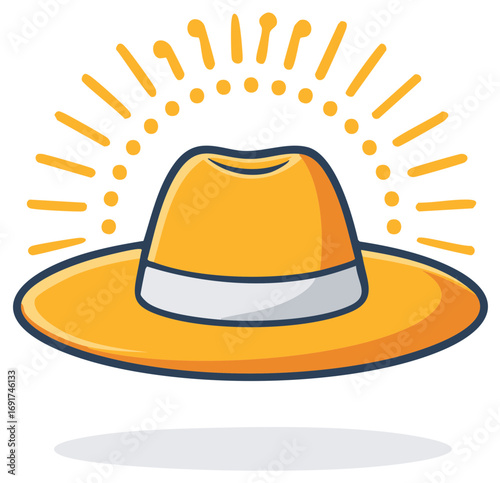 Stylized illustration of a yellow hat casting shadow with light beams surrounding