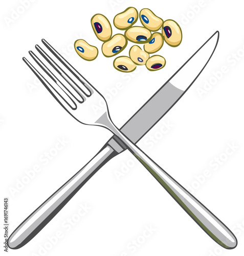 Crossed Fork and Knife with Pile of Black Eyed Peas