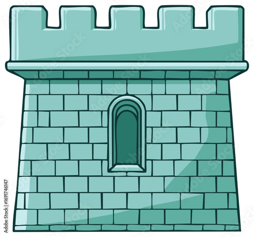 Cartoon Medieval Brick Watchtower With Crenellations and Narrow Window
